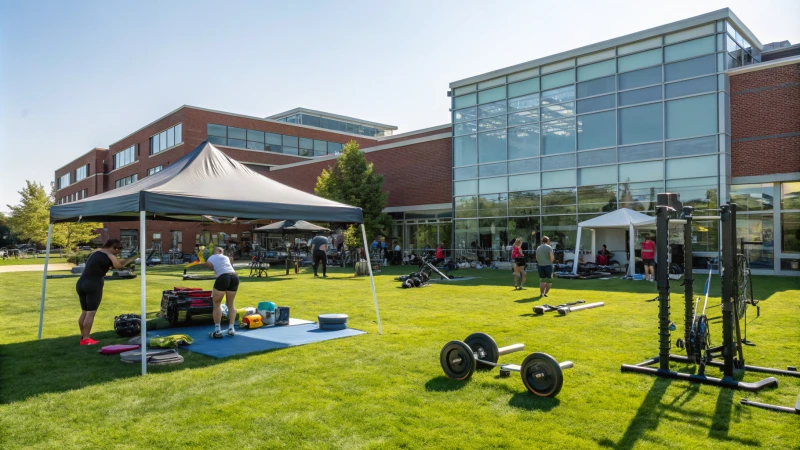 Outdoor gym tent with fitness equipment on grass