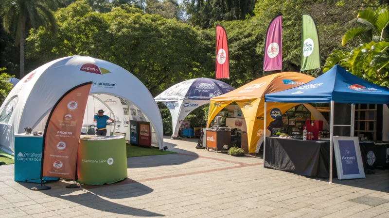 Outdoor display of customizable tents in a sunny setting