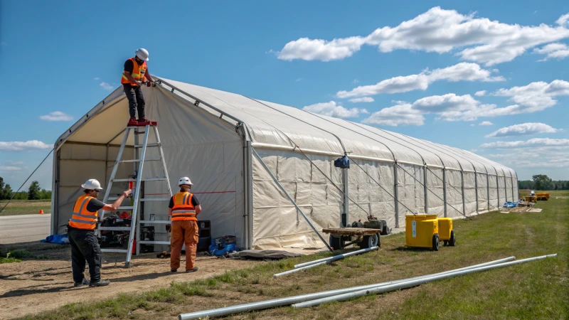 Workers assembling a large tent in an open field under a blue sky.