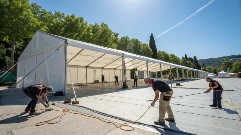 Team assembling a large warehouse tent outdoors