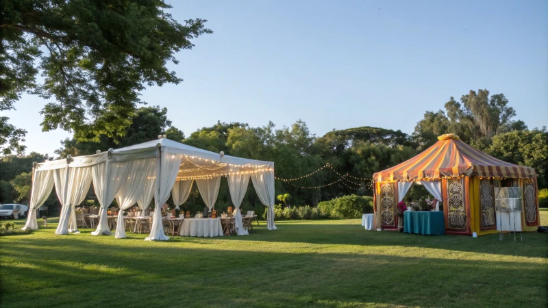 A split outdoor scene featuring a wedding marquee and a picnic tent.