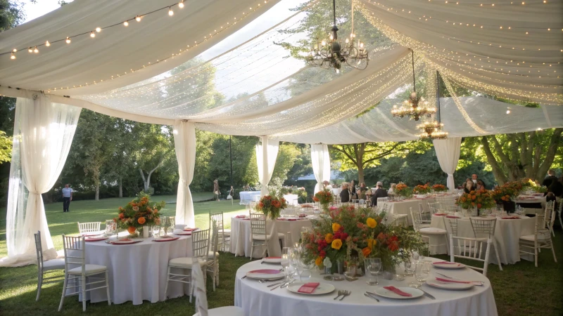 An elegantly decorated wedding reception tent with guests mingling