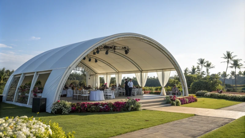 A beautifully decorated Arcum tent for a wedding on a sunny day.