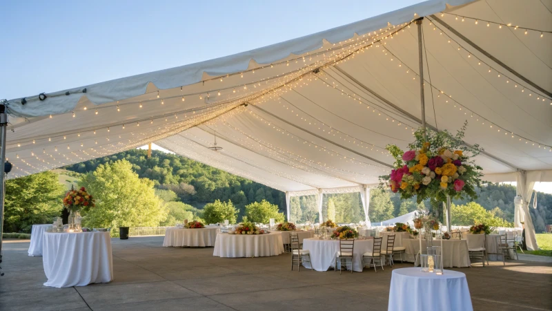 Elegant wedding tent set up outdoors with tables and floral centerpieces