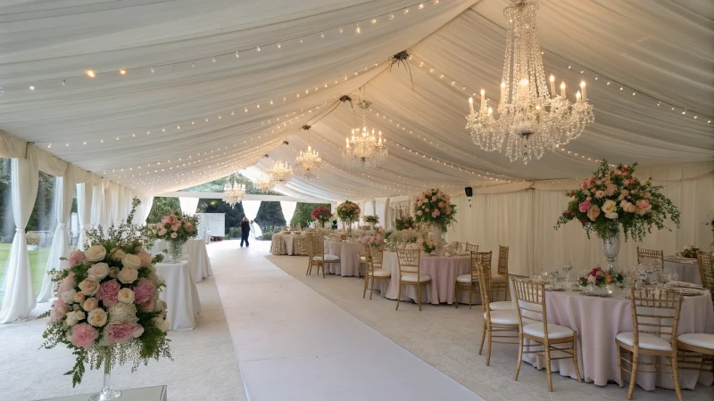 Elegant wedding tent decorated with white fabric and floral arrangements