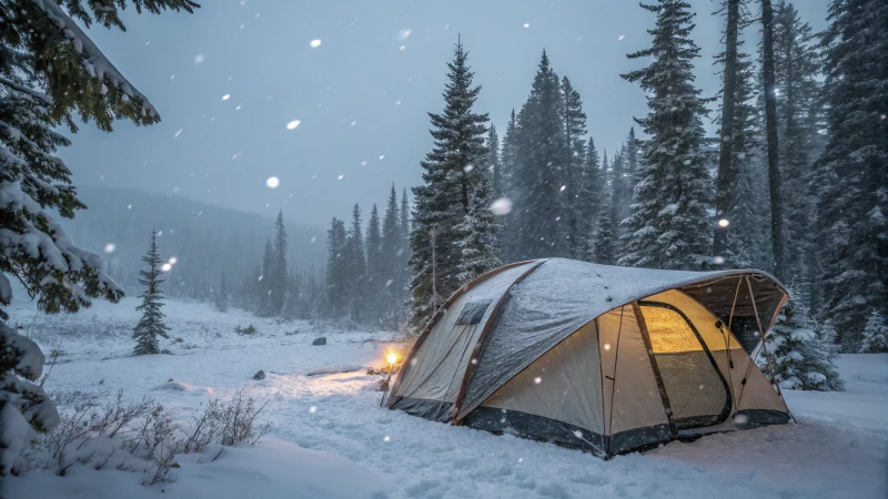 A robust tent covered in fresh snow with snow guards, surrounded by evergreen trees.