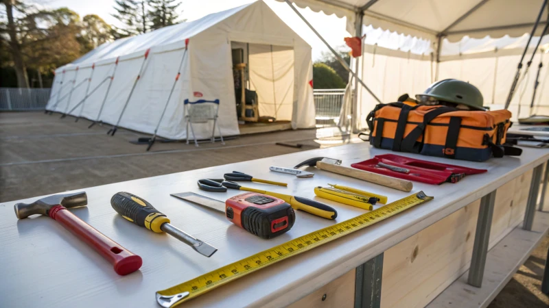 A well-lit workbench with tools for setting up a marquee tent.