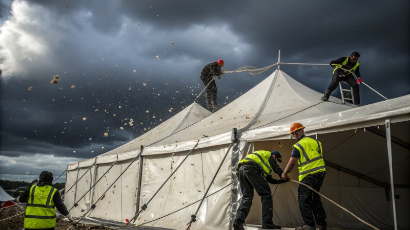 Workers dismantling a marquee tent under stormy weather