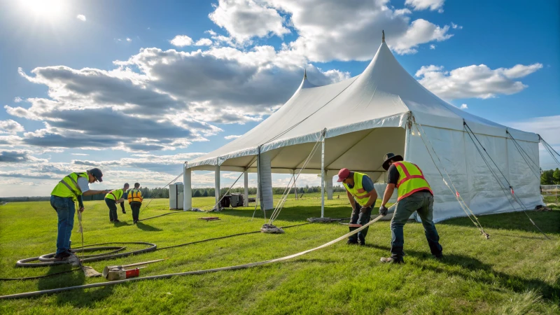 A team of workers installing a large white canopy tent in a grassy field.