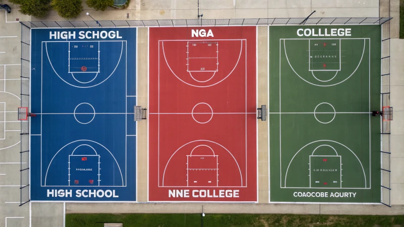 A side-by-side comparison of high school, college, and NBA basketball courts with labels and measurements.