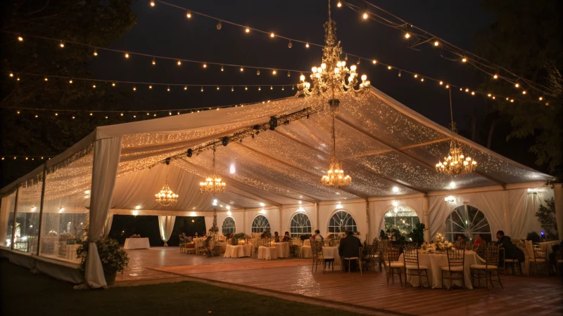A beautifully decorated tent venue at night with warm lighting and chandeliers.