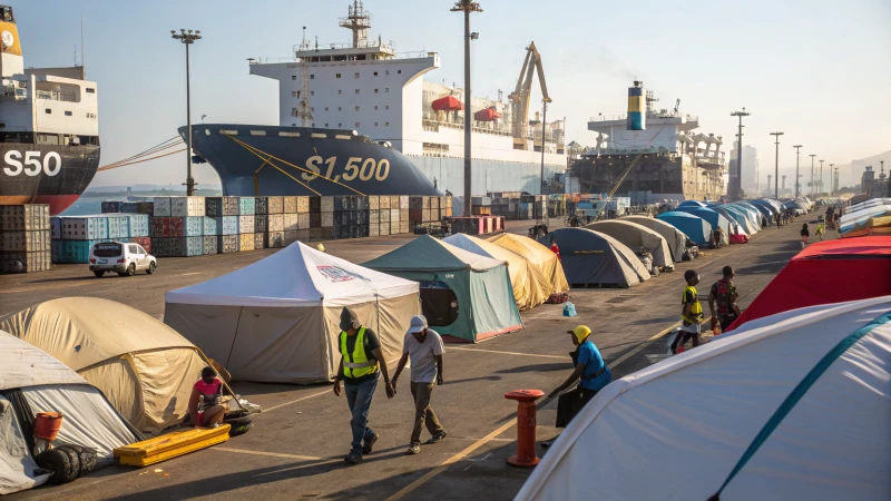 A bustling shipping port with cargo ships and tents being loaded