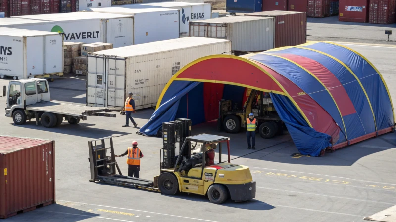 A busy logistics yard with a large tent being loaded onto a truck