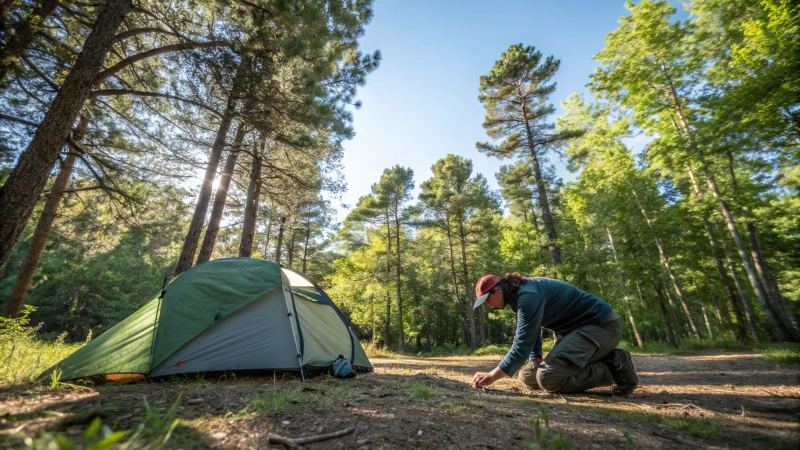 A camper inspecting the forest floor for tent setup.