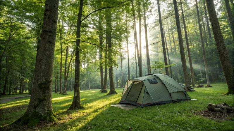 A camping tent set up in a lush forest