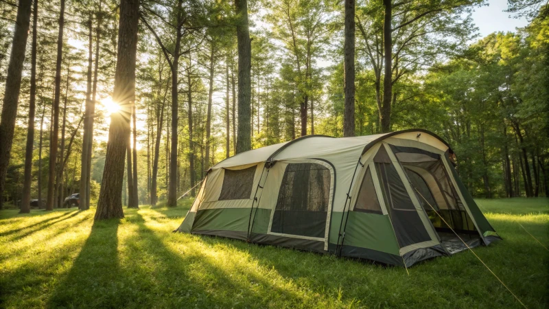 A spacious camping tent in a green forest with sunlight filtering through trees.