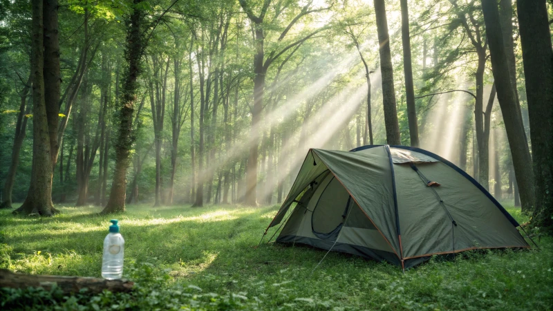 A durable camping tent under tall trees in a green forest