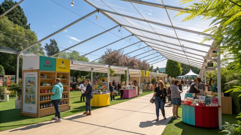 A vibrant exhibition tent at an outdoor event filled with visitors and product displays.