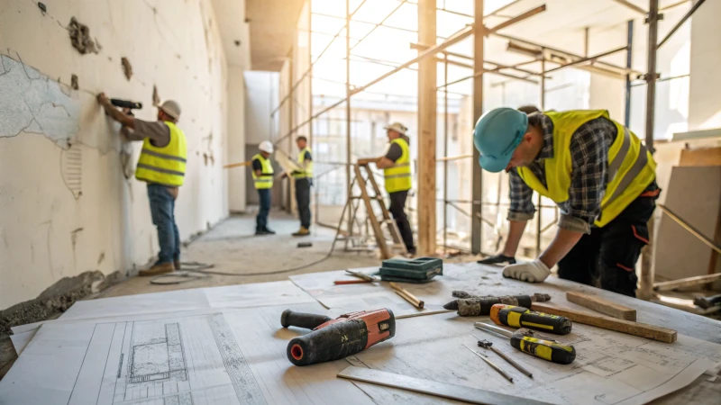 Workers repairing a wall at a construction site