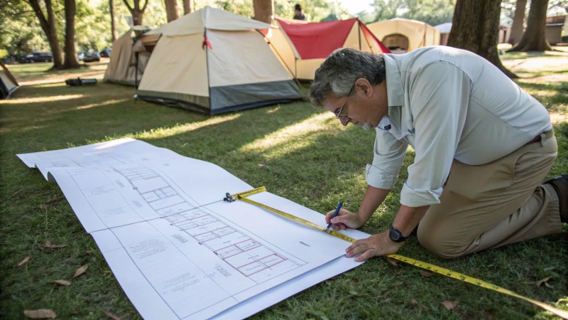 A professional consultant measuring a blueprint in a natural setting.