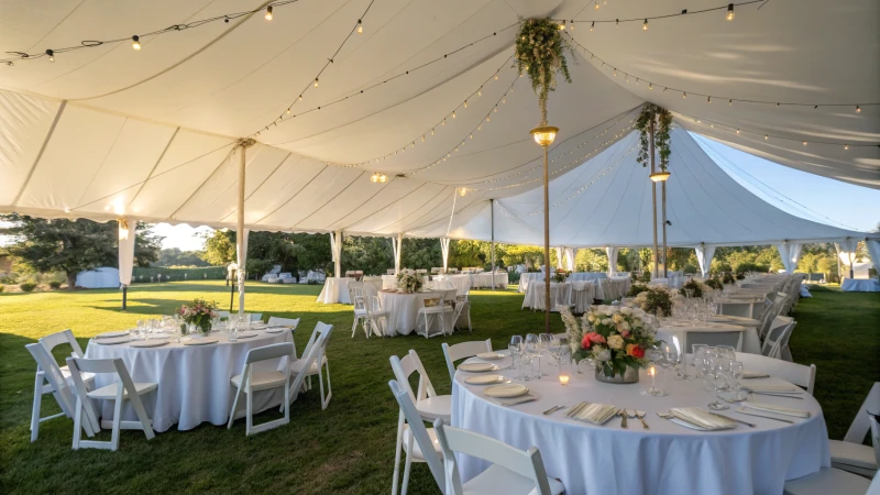 A large white event tent with round tables set for a formal gathering