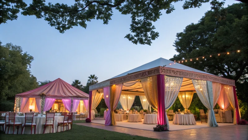 A beautifully arranged outdoor marquee tent for an elegant event