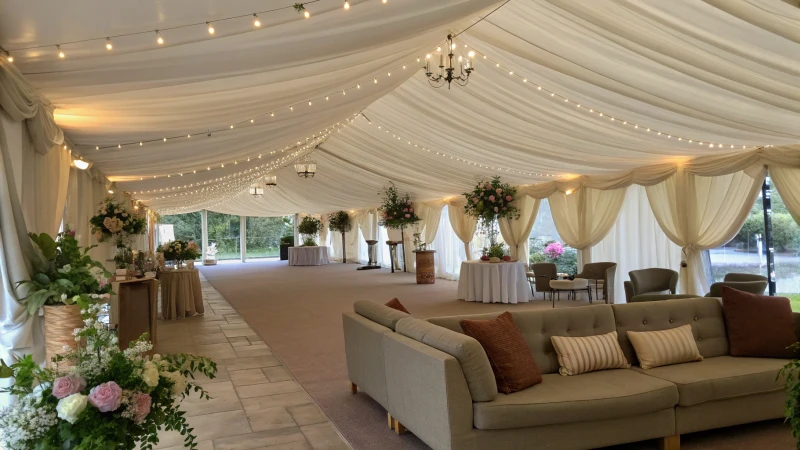 Interior of an elegantly arranged marquee tent for an event