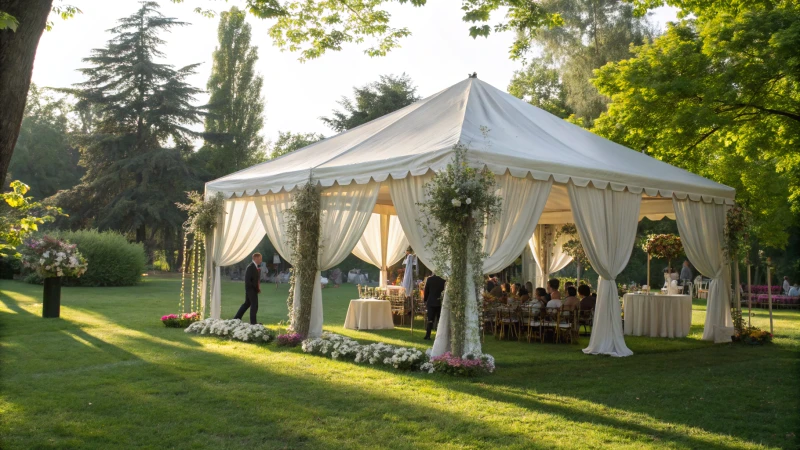 Elegant marquee tent in a park with guests mingling