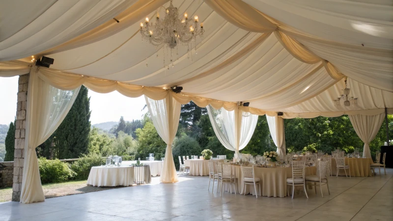 An elegant outdoor event tent with draped fabric