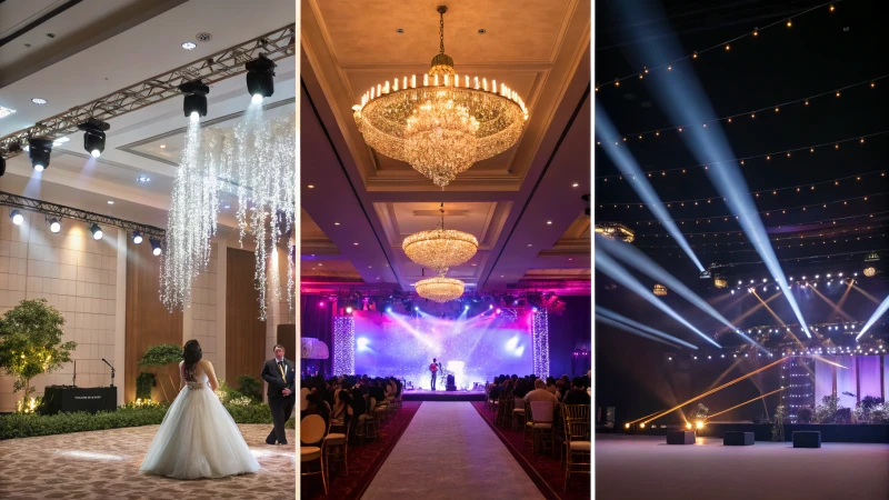 A collage showcasing three event settings: a wedding, a concert, and a corporate gathering, each with unique lighting.