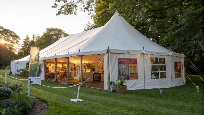 A large white exhibition tent in a scenic outdoor setting with green grass