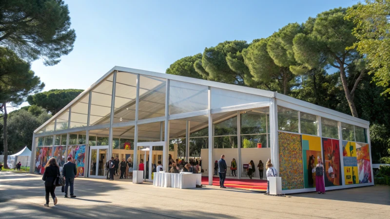 A large modern exhibition tent in a vibrant outdoor setting