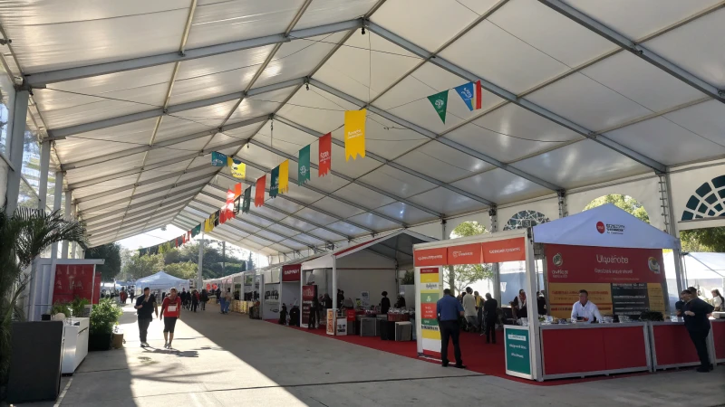 A spacious exhibition tent filled with people at an outdoor event