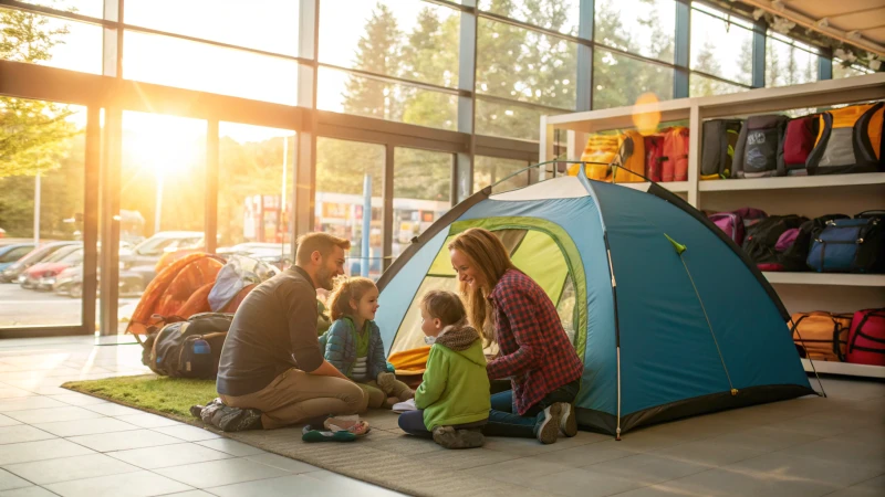 A family discussing tents in a camping store