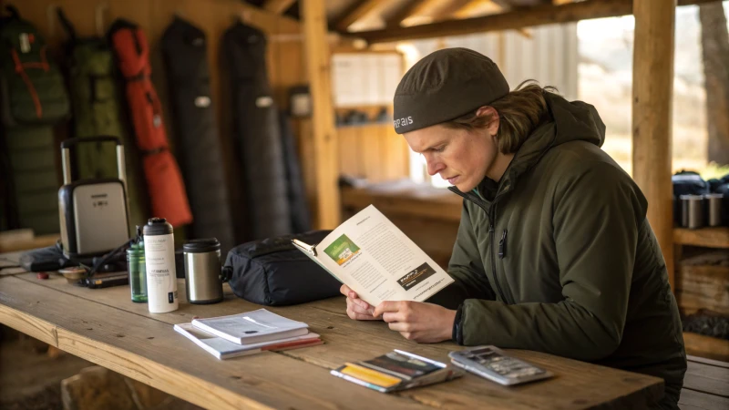 Person reading a guideline booklet at a wooden table with products in the background