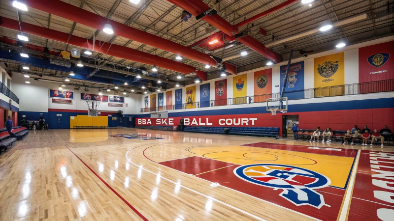 Indoor basketball court with bright lighting and team logo