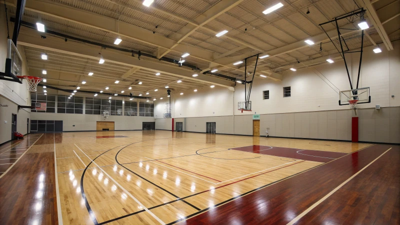 Indoor basketball court with contrasting flooring materials