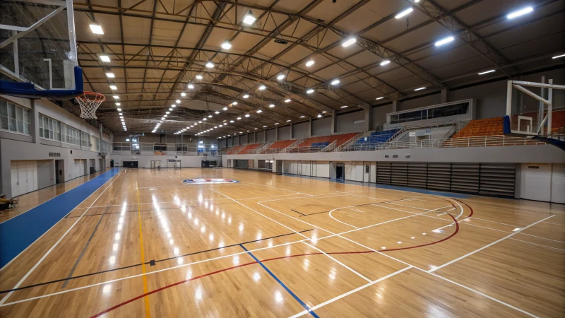 Indoor basketball court with polished hardwood flooring and bright lights