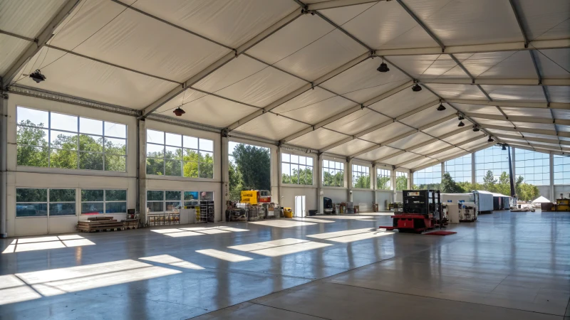 Interior of a large industrial tent with machinery and workstations