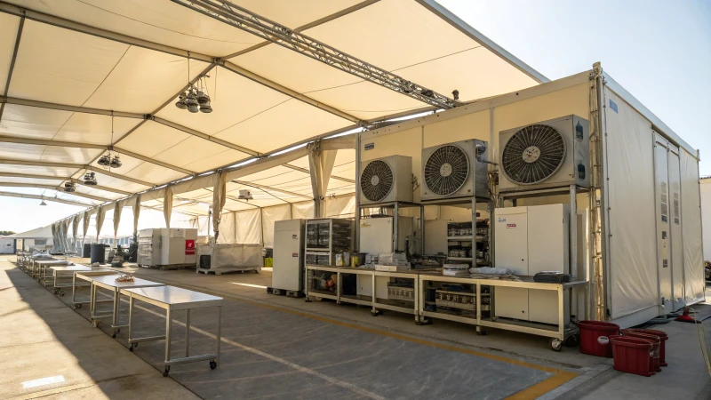 Interior of a large industrial tent with equipment and machinery