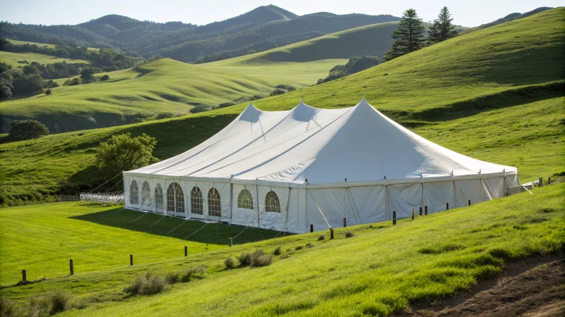 A large marquee tent on a sloped green field with visible weights and anchors.