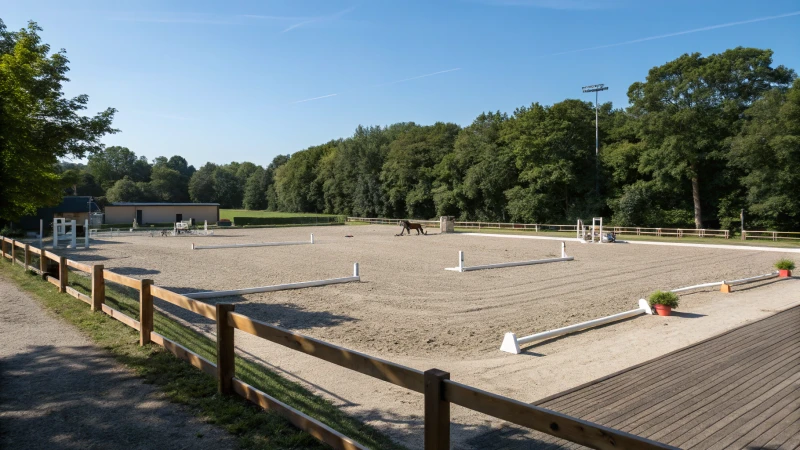 Large outdoor horse arena with green trees and blue sky