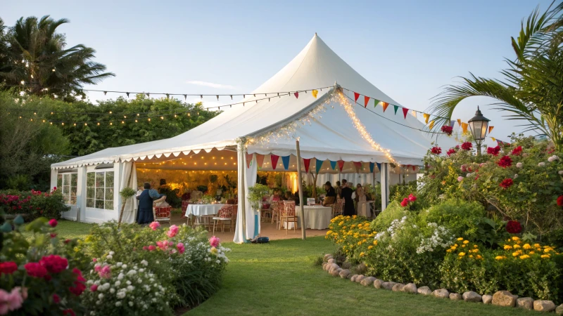 A large white event tent in a vibrant garden