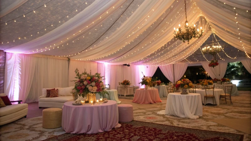 Elegant tent interior for an event with pastel drapes and floral centerpieces