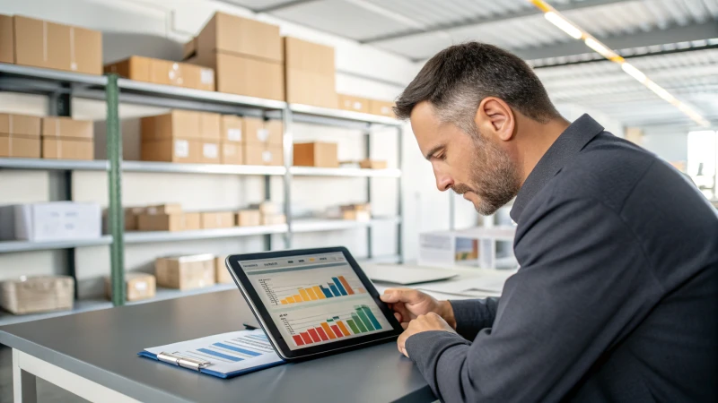 Logistics manager at modern desk with tablet