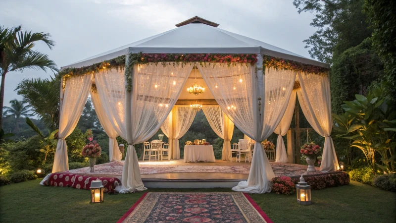 A luxurious outdoor wedding tent decorated with elegant fabrics and floral arrangements.