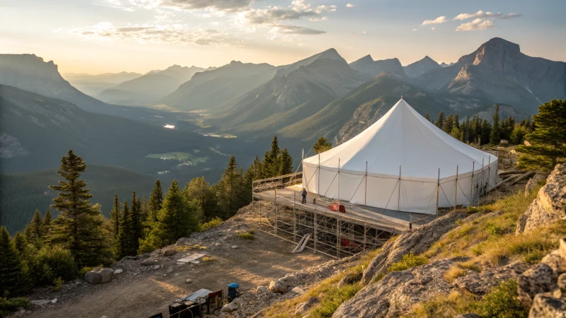 A large white marquee tent on a rocky mountain slope with panoramic views.