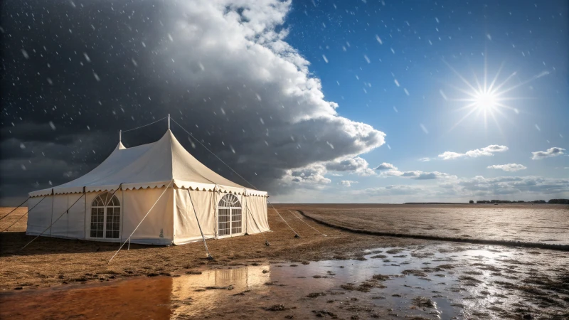 A split-scene image of a marquee tent under stormy and sunny weather conditions