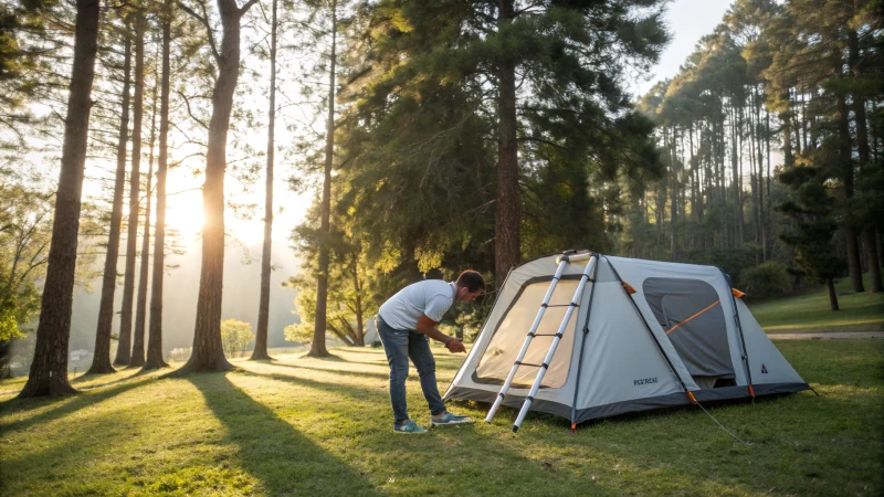 A person setting up a modern camping tent in a sunny forest clearing