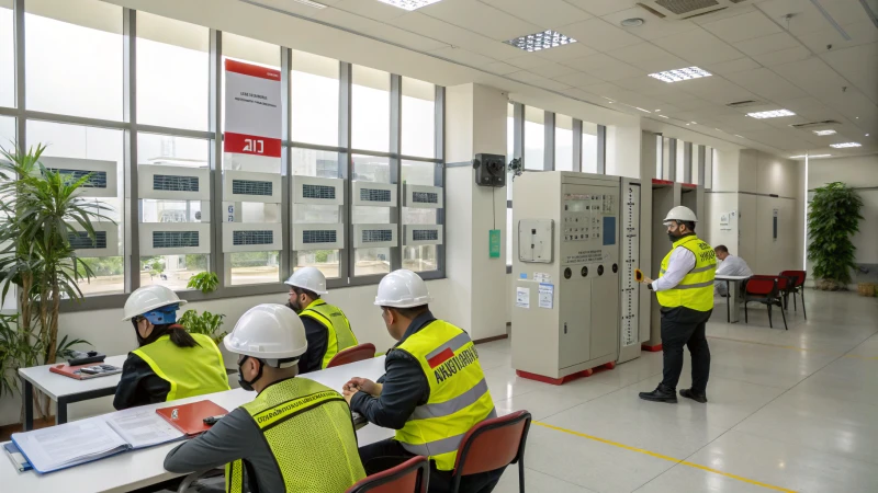 Employees in safety gear participating in a training session in a modern workplace